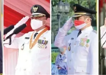 APEL HUT KEMERDEKAAN RI: Walikota Tangsel Airin Rachmi Diany, Walikota Tangerang Arief R Wismansyah, Bupati Tangerang Zaki Iskandar dan Gubernur Banten Wahidin Halim saat apel HUT Kemerdekaan RI ke-75 di wilayahnya masing-masing, Senin (17/8). (ISTIMEWA)