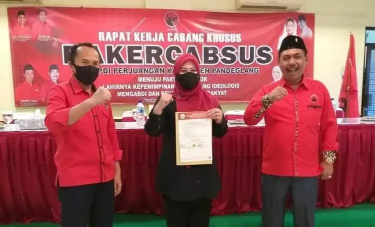 PENYERAHAN REKOMENDASI: Ketua DPD PDI Perjuangan Banten, Ade Sumardi didampingi Ketua DPC PDI Perjuangan Pandeglang, sedang menyerahkan rekomendasi usungan kepada Irna Narulita di aula salah satu hotel di Pandeglang, Selasa (1/9). (NIPAL/SATELIT NEWS)