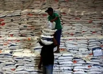 Pekerja mengangkut beras di Gudang Beras Bulog Makassar, Sulawesi Selatan, Kamis (11/4/2019). Stok beras Perum Bulog Divre Sulselbar saat ini mencapai 114 ribu ton yang diperkirakan memenuhi kebutuhan konsumsi masyarakat Sulsel hingga 40 bulan ke depan. ANTARA FOTO/Arnas Padda/YU/aww.
