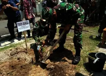 MENANAM–Danrem 064/Maulana Yusuf, Brigjen TNI Yunianto, menanam bibit pohon bangga di halaman Ponpes An Nawawi, milik Wapres Ma’ruf Amin, Kamis (30/9/2021). (ISTIMEWA)