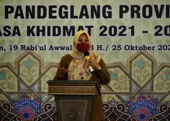 Bupati Pandeglang, Irna Narulita, sedang sambutan di acara pelantikan Pengurus MUI Pandeglang masa khidmat 2021-2026, di Aula Pendopo Bupati Pandeglang, Senin (25/10/2021). (ISTIMEWA)