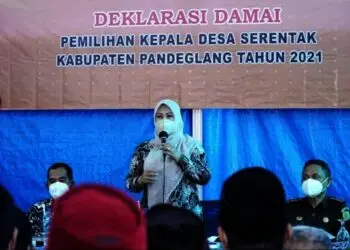 DEKLARASI DAMAI PILKADES–Bupati Pandeglang, Irna Narulita, menyampaikan sambutan di acara Deklarasi Damai Pilkades secara daring dan luring, yang dipusatkan di Kecamatan Saketi, Minggu (10/10/2021). (ISTIMEWA)