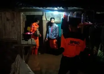 Anggota BPBD Kabupaten Serang monitoring lokasi banjir, yang diakibatkan meluapnya air Sungai Cikalumpang. (ISTIMEWA)
