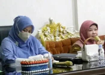 Bupati Pandeglang, Irna Narulita (kiri), sedang mengikuti rapat finalisasi aplikasi "si gampang", yang dipaparkan Kepala DPMPTSP Pandeglang, Ida Novaida, di ruang Garuda Pendopo Pandeglang, Selasa (15/3/2022). (ISTIMEWA)