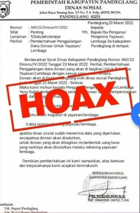 Waspada! Surat Palsu Mengatasnamakan Dinsos Pandeglang Menyebar ke Lembaga atau Yayasan