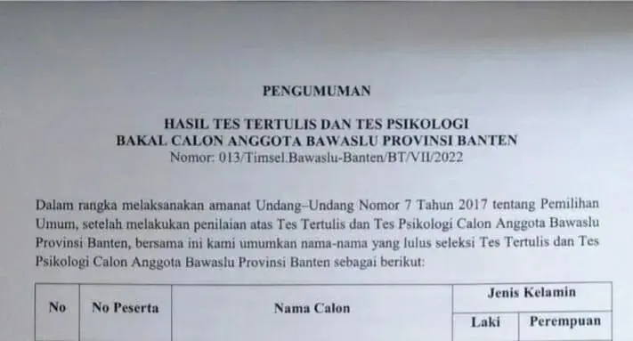 Formulir Bakal Calon Bawaslu Banten. (ISTIMEWA)