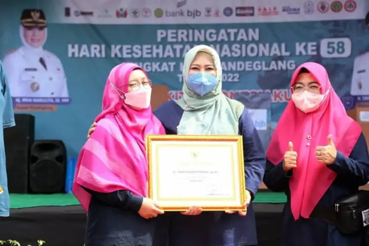 Bupati Pandeglang, Irna Narulita, sedang memberikan penghargaan kepada Kader Posyandu, Rabu (30/11). (ISTIMEWA)