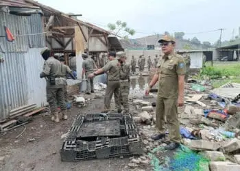 Personel Dinas Satuan Polisi Pamong Praja (Satpol PP) Kabupaten Serang, kembali menertibkan bangunan liar di Kecamatan Bojonegara, Selasa (8/11/2022). Tanah yang digunakan tersebut, rencananya akan dikelola oleh Badan Usaha Milik Daerah (BUMD) Kabupaten Serang. (SIDIK/SATELITNEWS.COM)