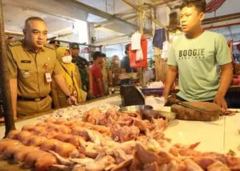 upati Tangerang Ahmed Zaki Iskandar bersama perwakilan Unsur Forkopimda dan Tim Pengendalian Inflasi Daerah (TPID) Kabupaten Tangerang melakukan pemantauan langsung terhadap harga dan stok kebutuhan pokok di Pasar Tradisional Tigaraksa dan Pasar Modern di Kawasan Mall Citra Raya Panongan, Selasa, (11/4/2023). (ISTIMEWA)