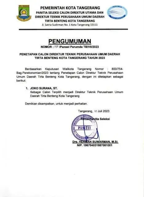 Doddy Effendy Ditetapkan Sebagai Dirut Perumda Tirta Benteng Kota Tangerang