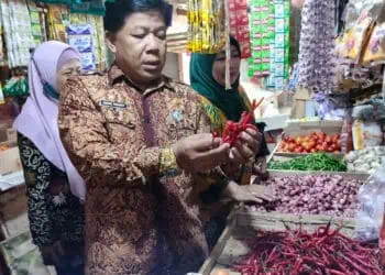 Kepala Diskoumperindag Kabupaten Serang, Adang Rahmat, tengah melakukan sidak kebutuhan pokok di pasar. (ISTIMEWA)
