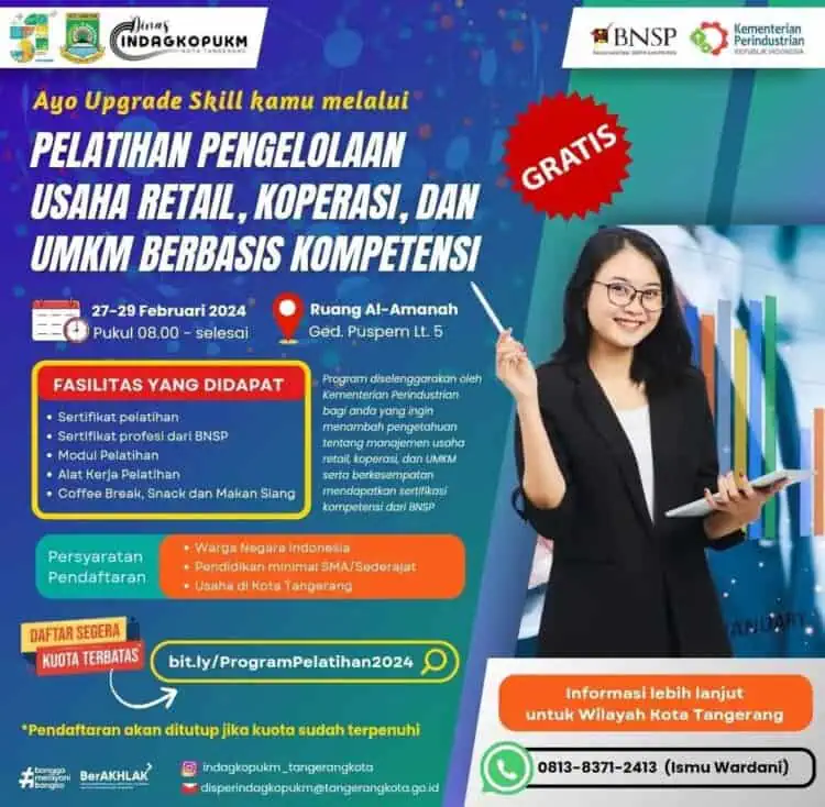 Gratis, DisperindagkopUKM Kota Tangerang Buka Pelatihan Pelatihan Usaha Berserifikasi