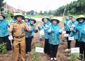 TANAM BIBIT CABAI: Ketua TP PKK Kabupaten Tangerang  Mirasari Andi Ony beserta unsur TP PKK Kecamatan Cikupa, menanam bibit cabai di Kebun Kecamatan, Senin (4/03/2024). (ISTIMEWA)