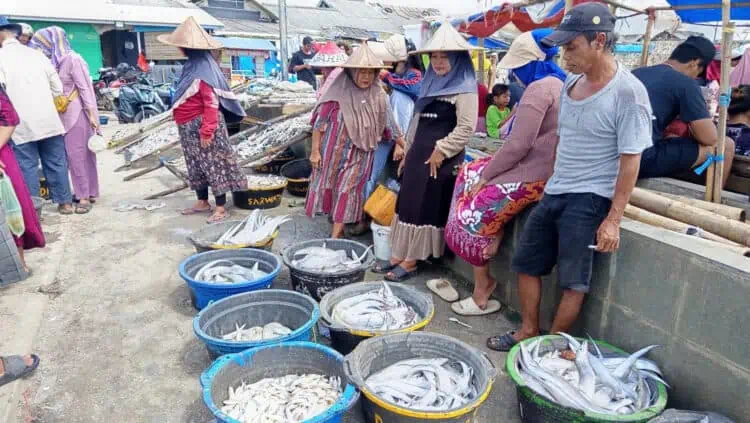Sejumlah nelayan menjual ikan ditepi pantai Teluk, Kecamatan Labuan, Kabupaten Pandeglang. (ADIB FAHRIE/SATELITNEWS.COM)