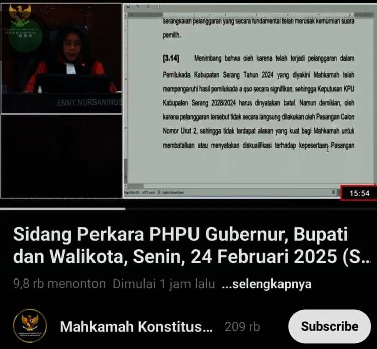 Batalkan Keputusan KPU, MK RI Putuskan PSU Pilkada Kabupaten Serang 