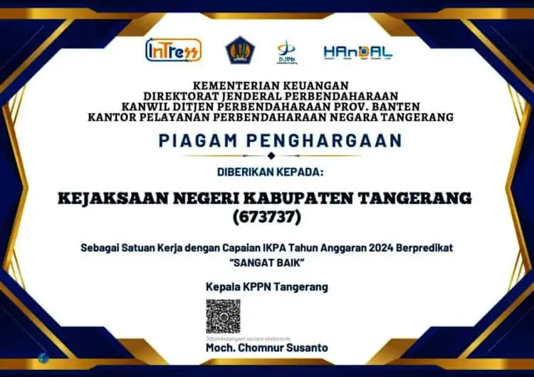 Kejari Kabupaten Tangerang Raih Penghargaan IKPA 2024 dengan Predikat Sangat Baik