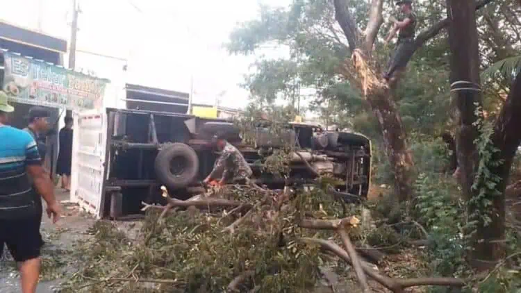 Tersangkut Pohon, Mobil Pengantar Paket “Rebah” di Jalan Irigasi Cipondoh