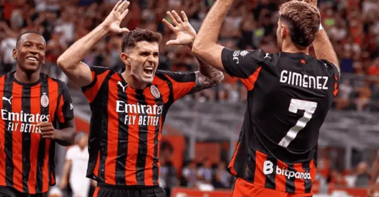 Selebrasi Cristian Pulisic Cs usai mencetak gol di laga AC Milan Vs Bari. (ISTIMEWA)