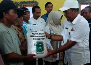 MEMBERIKAN BANTUAN BERAS : Kepala DKP Banten Nasir M Daud (kanan), memberikan bantuan beras kepada nelayan Teluk, Kecamatan Labuan, Kabupaten Pandeglang. (ISTIMEWA)