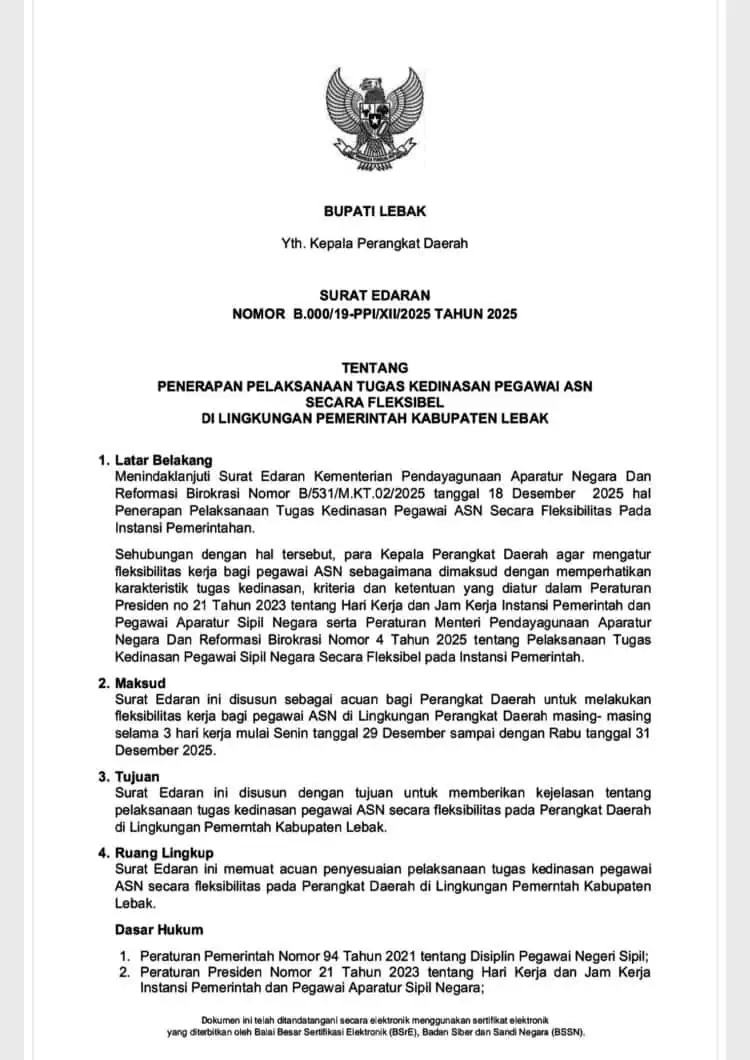 Pemkab Lebak Terapkan Skema WFA–WFO ASN 29–31 Desember 2025