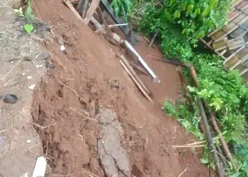 Akibat intensitas hujan tinggi disertai angin kencang, terjadi longsor di Kampung Pasir Picung, RT 15 RW 04, Desa Cibarani, Kecamatan Cisata, Kabupaten Pandeglang, Sabtu (10/1/2026). (ISTIMEWA)