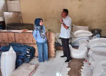 Kepala Dinsos Kabupaten Serang, saat mengecek stok logistik bantuan di gudangnya belum lama ini. (ISTIMEWA)