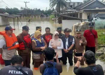 Bupati Pandeglang Raden Dewi Setiani, meninjau lokasi banjir di Kecamatan Pagelaran dan Patia, Selasa (13/1/2026). (ISTIMEWA)