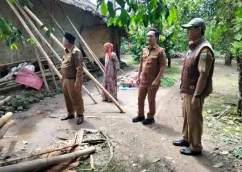 Tim survey DPKPP Kabupaten Pandeglang, tinjau rumah warga Cigeulis, Kabupaten Pandeglang, yang ambruk beberapa hari lalu. (ISTIMEWA)