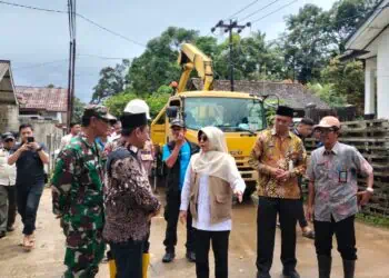Bupati Pandeglang Raden Dewi Setiani, meninjau jembatan ambrol di Desa Sinarjaya, Kecamatan Mandalawangi, Kabupaten Pandeglang, Kamis (5/2/2026). (ISTIMEWA)