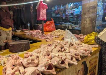 Seorang warga sedang membeli daging ayam, di pasar tradisional di Kota Serang. (ISTIMEWA)