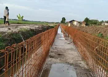 MEMBANGUN IRIGASI : Dua aliran air irigasi di Desa Kamuning dan Desa Bojongpandan, Kecamatan Tunjungteja, Kabupaten Serang dibangun sejak akhir 2025 lalu dan belum terselesaikan sampai sekarang. Aliran irigasi itu menjadi salah satu program Nasional dalam rangka swasembada pangan. (ADIB FAHRI/SATELITNEWS.COM)