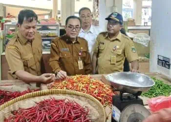 MEMANTAU HARGA : Kepala Disperindag Banten Iwan Hermawan (tengah), memeriksa harga di Pasar Anyar, Kota Tangerang. (ISTIMEWA)