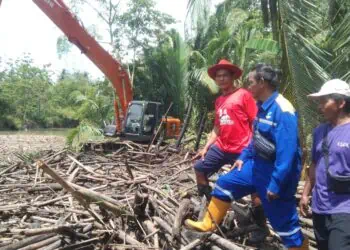 TANGANI SAMPAH KAYU - Menggunakan alat berat, petugas melakukan penanganan penumpukan sampah kayu di Sungai Ciseukeut, Kabupaten Pandeglang, Sabtu - Minggu (25 - 26/4/2026). (ISTIMEWA)