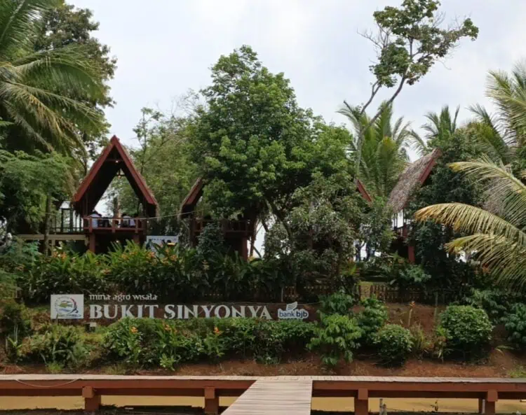 IKON - Lokasi Mina Agro Wisata Bukit Sinyonya, dengan background tulisan dan kolam ikan Mas Sinyonya, di Desa Bandung, Kecamatan Banjar, Kabupaten Pandeglang. (MARDIANA/SATELITNEWS.COM)