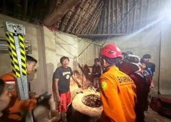 EVAKUASI - Petugas Basarnas Banten, mengevakuasi warga Desa Sentul, Kecamatan Kragilan, Kabupaten Serang, yang terjatuh ke dalam sumur gali, Sabtu (30/5/2026). (ISTIMEWA)