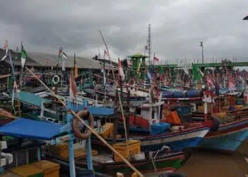 SANDAR : Ratusan perahu melayan payang milik nelayan Labuan sandar di Teluk Labuan. Saat ini, DPRD Banten tengah mematangkan pembahasan Raperda Kelautan agar pemanfaatan laut dan permodalan nelayan memiliki payung hukum. (ISTIMEWA)