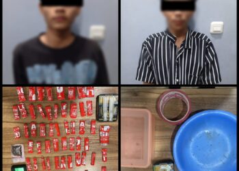 DIAMANKAN - Dua pemuda berinisial MF (21) dan TM (19), diamankan dari sebuah rumah di Kampung Kesampangan, Desa Cigelam, Kecamatan Ciruas, Kabupaten Serang. Keduanya, diduga menjadi pengedar narkotika jenis tembakau sintetis. (ISTIMEWA)