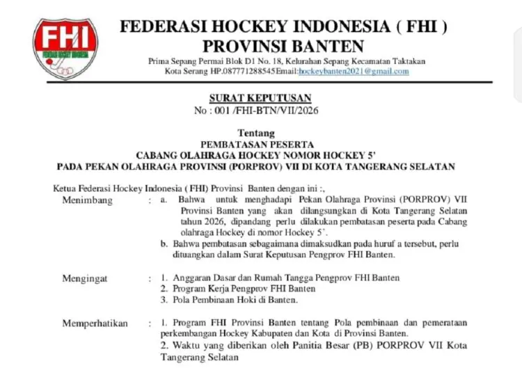 Batasi Jumlah Peserta Porprov VII, Surat FHI Banten Indikasikan Keberpihakan