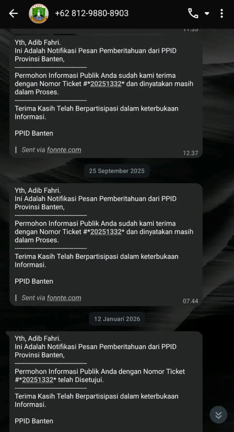 PPID PEMPROV BANTEN : PPID Pemprov Banten tidak memberikan informasi data yang diminta masyarakat melalui sambungan online. Padahal, lebih dari seribu tenaga ahli Pwmprov Banten dibayar untuk memudahkan keterbukaan informasi publik kepada masyarakat. (ISTIMEWA)